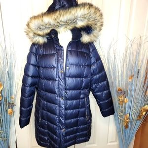 Laundry puff mid thigh coat, 1X, dk blue